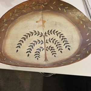 Cream and Brown Oval Decorative Plate with Fern Motif